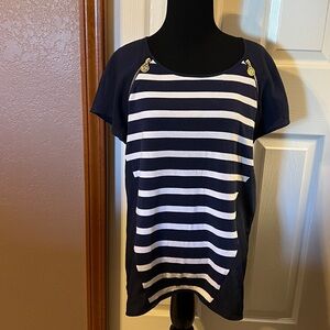 Anne Klein Navy and White Striped Top with Gold Accents